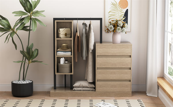 English Elm Wardrobe with 4 Drawers 3 Shelves – Spacious Natural/Wood/White Storage Cabinet, Durable MDF, Easy Assembly, Sleek Design, 55.3" L x 50.4" H N820P196888N