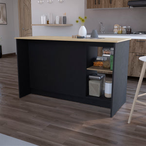 English Elm Mercury Kitchen Island with 59" Spacious Countertop, Dual Cabinets & Open Shelves — Modern Storage B128S00036