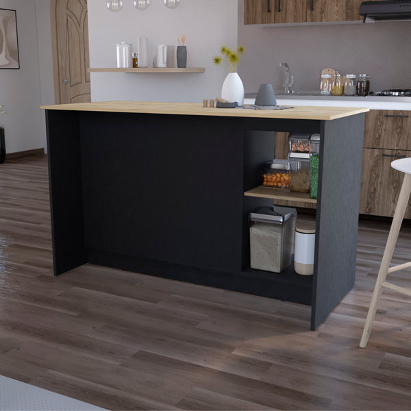 English Elm Mercury Kitchen Island with 59" Spacious Countertop, Dual Cabinets & Open Shelves — Modern Storage B128S00036