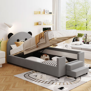 English Elm Twin Velvet Daybed Bear Headboard Hydraulic Storage Kids Bedroom Frame Gray SF000129AAE