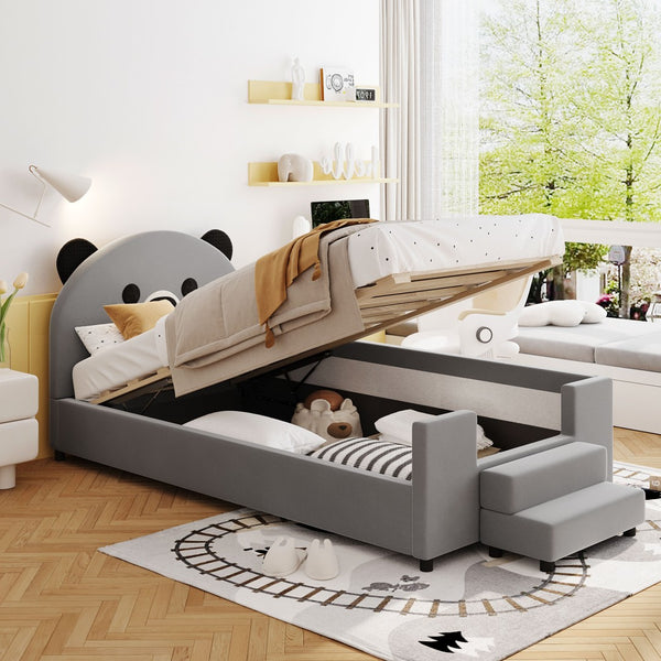 English Elm Twin Velvet Daybed Bear Headboard Hydraulic Storage Kids Bedroom Frame Gray SF000129AAE