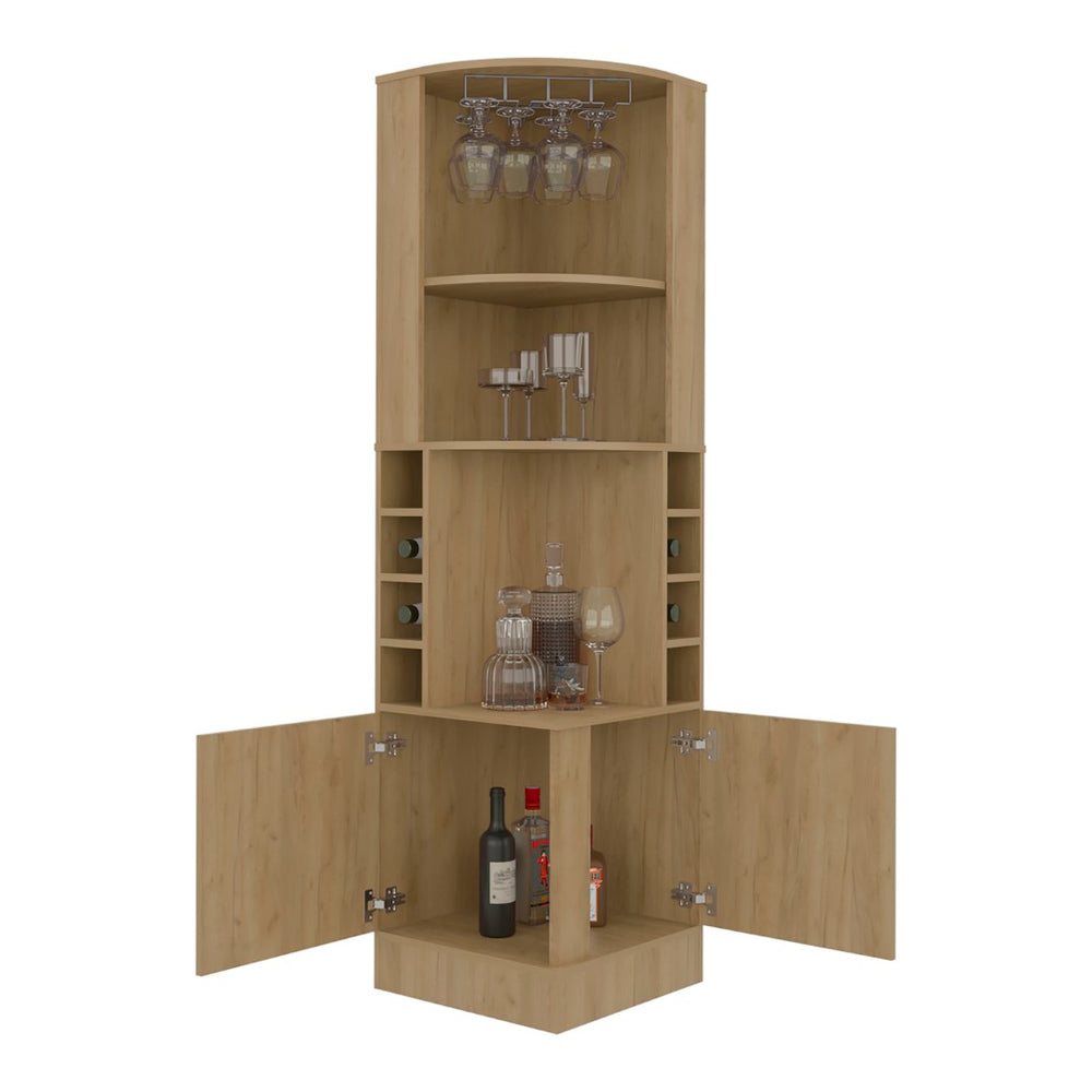 English Elm Cairo Corner Bar Cabinet with Glass Rack Wine Storage and Double Door Walnut Finish Natural B097S00272