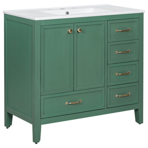 English Elm Christopher Knight Home® - 36" Vintage-inspired Bathroom Vanity with Ceramic Sink, Solid Wood Frame, Soft-Close Drawers, Spacious Storage Green N759P293646F