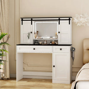 English Elm Farmhouse Vanity Table with Lighted Mirror Drawers and Hair Tool Storage for Bedroom W1321P423102