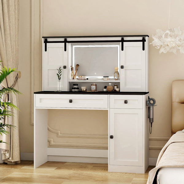 English Elm Farmhouse Vanity Table with Lighted Mirror Drawers and Hair Tool Storage for Bedroom W1321P423102
