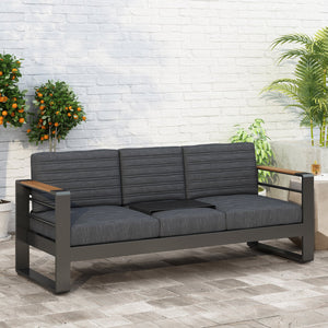 English Elm Christopher Knight Home® - GIOVANNA Aluminum 3-Seater Sofa in Black — Rust-Resistant Frame, Water-Resistant Cushions, Wood-Accent Slat Design 71820.00BLK
