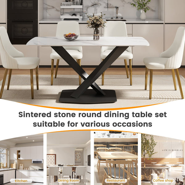 English Elm 63" Modern Sintered Stone Dining Table with Durable X-Leg Iron Base, Seats 6, 400 lb Capacity Antique White,Black W1535S00533