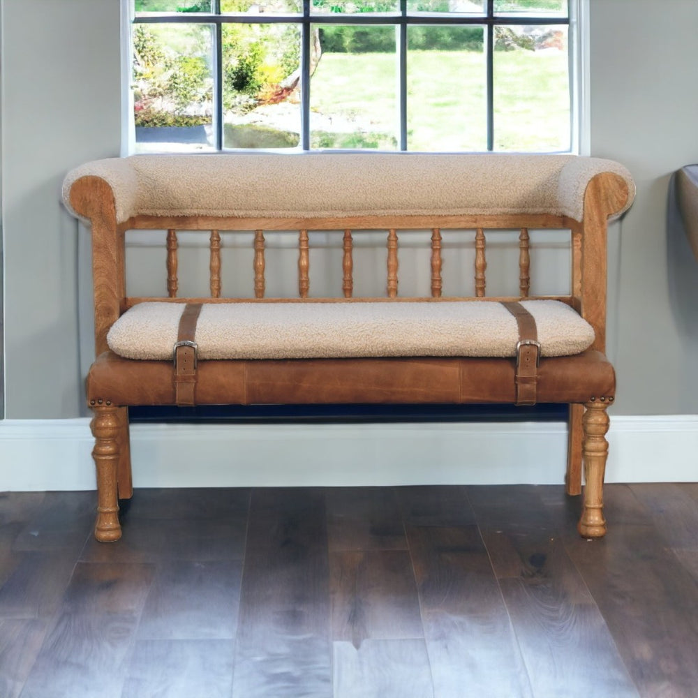 English Elm Soild Wood Strapped Hallway Bench - Elegant Mango Wood With Cream Bouclé Upholstery & Leather Accents B182P186207-GIGA