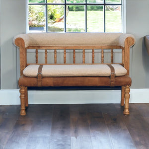 English Elm Soild Wood Strapped Hallway Bench - Elegant Mango Wood With Cream Bouclé Upholstery & Leather Accents B182P186207-GIGA