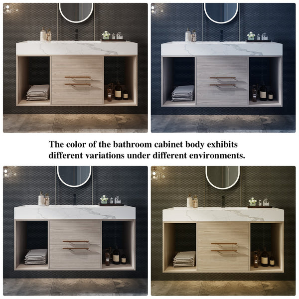 English Elm 39.4'' Floating Bathroom Vanity with Ceramic Sink and Sintered Stone Top, Wall-Mount Modern Design White + Light Oak W3136S00003