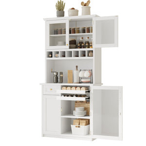 English Elm Topmax Farmhouse Buffet Hutch with Wine Rack Shaker Glass Pantry Cabinet White N717P327043K