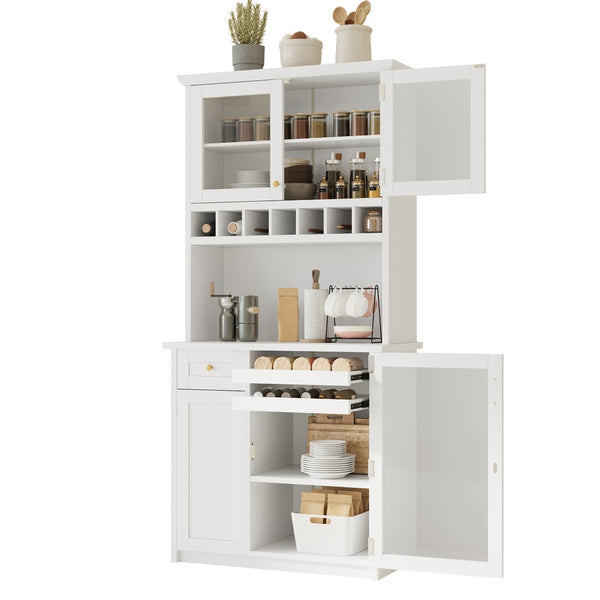 English Elm Topmax Farmhouse Buffet Hutch with Wine Rack Shaker Glass Pantry Cabinet White N717P327043K