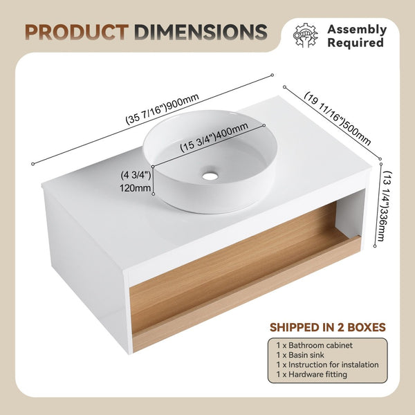 English Elm 36" Floating Bathroom Vanity Light Oak Modular Cabinet with Gel Coat Integrated Sink W3450S00061