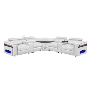 English Elm Nova Tech Sectional with Led Bar Bluetooth Speakers Power Recliners and Freezer Console White B009S02171