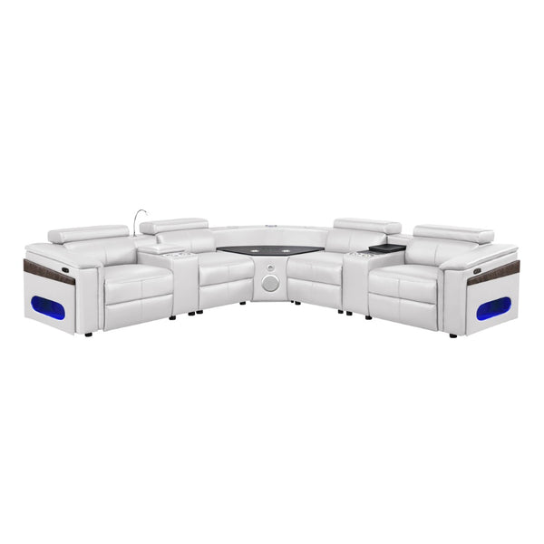 English Elm Nova Tech Sectional with Led Bar Bluetooth Speakers Power Recliners and Freezer Console White B009S02171