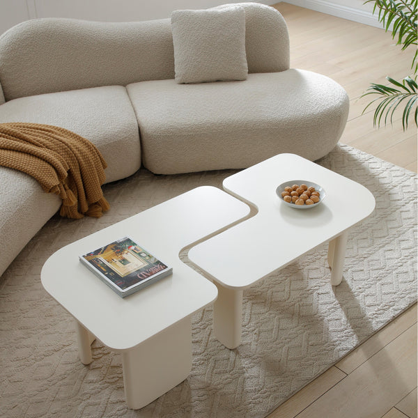 English Elm 2 Pcs Modern Modular Coffee Table Set with Interlocking L-Shape, Curved Legs, Durable MDF Finish White W2664S00050