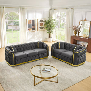 English Elm 2 Piece Velvet Chesterfield Sofa Set with Gold Steel Trim Button Tufted Living Room Couch Gray W1191S00100