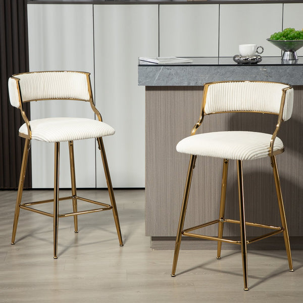 English Elm (SET of 2) 26" Counter Bar Stools Corduroy Beige with Backrest, Gold Chrome Base & Footrest, Plush Seat W2215P195291