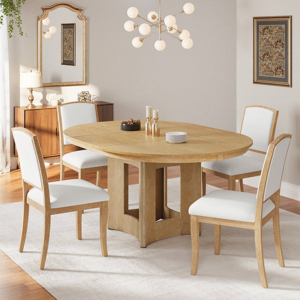 English Elm TOPMAX Solid Wood Extendable Round Dining Set for Small Spaces with 16" Removable Leaf and Cushioned Chairs Natural+Beige SP000091AAN