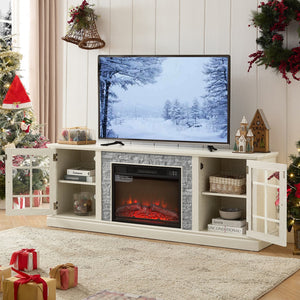 English Elm 70" Modern TV Stand with 23" Electric Fireplace, Faux Stone Mantel, Ample Storage & Cable Management White W2275S00022
