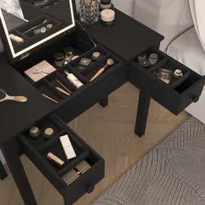 English Elm Multifunctional Vanity Desk with Flip-Top Mirror, 3-Level LED Lighting, Ample Storage for Small Spaces Black W760P152315