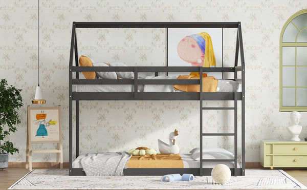 English Elm Twin Rubber Wood Floor Bunk Bed House-Shaped Design with Ladder Guardrails Sturdy Low-Profile Retreat Black W504P206865
