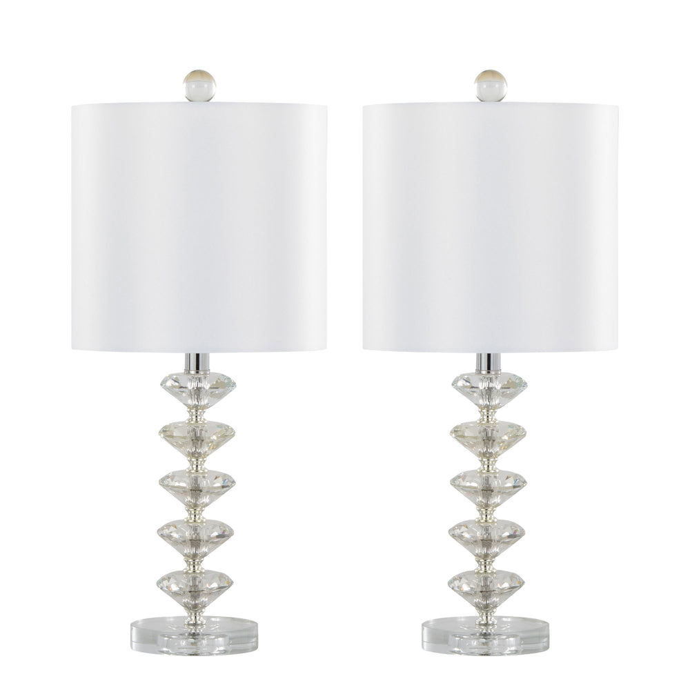 English Elm Diamond Stacked 23" Contemporary Crystal Table Lamp Set of 2 - Clear K9 Crystal, Chrome Accents, Off-White Shade, Glamorous Lighting B202P224007