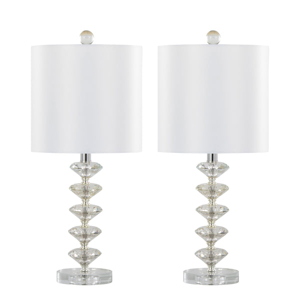 English Elm Diamond Stacked 23" Contemporary Crystal Table Lamp Set of 2 - Clear K9 Crystal, Chrome Accents, Off-White Shade, Glamorous Lighting B202P224007