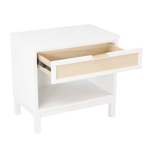 English Elm Blake Coastal Cane 1-Drawer Nightstand in White Solid Wood with Open Shelf, Gold Pull, 28.25"L B050P376944