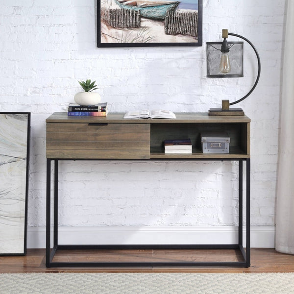English Elm Rustic Oak And Black Writing Desk - Compact Industrial Design With Drawer And Shelf For Small Spaces B062P209209-GIGA