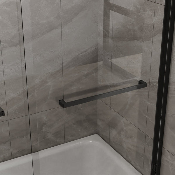 English Elm Goodyo Matte Black Framed Sliding Tub Enclosure Tempered Glass Bathtub Shower Door W1223S00045