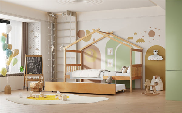 English Elm Twin House Bed Solid Pine Cottage Frame with Pull Out Trundle for Kids Bedroom Natural N708P309238M