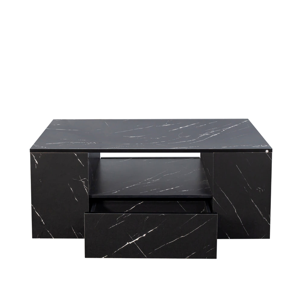 English Elm 14.57IN LED Coffee Table with 20-Mode Remote Lighting, 2 Drawers, Open Shelves & Durable Wood Finish W331P264716