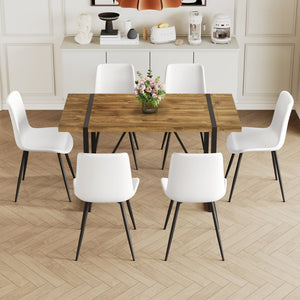 English Elm Table Set With Vintage Wood Top & White Faux Leather Chairs - Modern Dining Solution For Any Space W1151S01484-GIGA