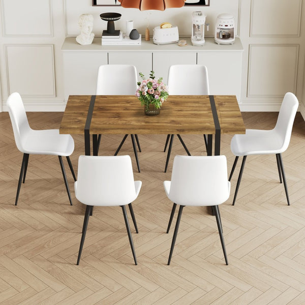 English Elm Table Set With Vintage Wood Top & White Faux Leather Chairs - Modern Dining Solution For Any Space W1151S01484-GIGA