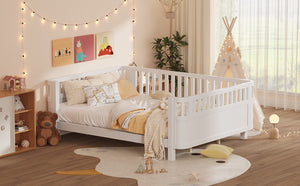 English Elm Queen Low Profile Pine Wood Kids Platform Bed with Guardrails and Rounded Safety Posts White W2593P409122