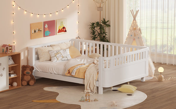English Elm Queen Low Profile Pine Wood Kids Platform Bed with Guardrails and Rounded Safety Posts White W2593P409122