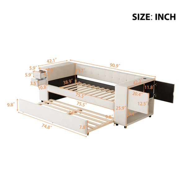 English Elm Twin Upholstered Bed with Trundle and Storage Drawers, USB Ports, French Velvet Luxurious Feel Beige SF000184AAA