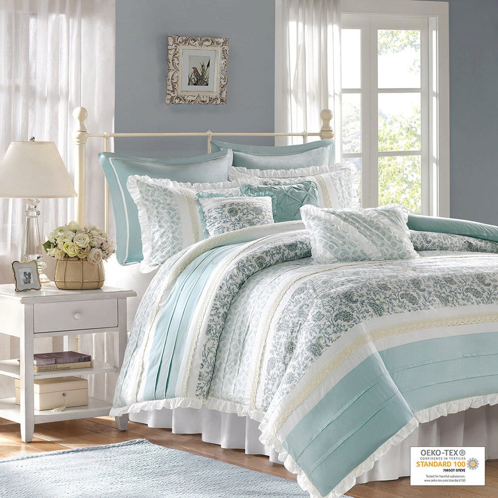 JLA Home Madison Park - 9 Cottage-Style Cotton Percale Duvet Set with Pintuck, Lace Taping, Decorative Pillows & Bedskirt 90 L x 90 W x 0.13H MP12-389