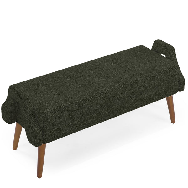 English Elm Modern Looped Yarn Bench with Plush Cushion and Irregular Geometric Armrests on Rubber Wood Legs for Entryway, Bedroom, Living Room — Sleek Durable Seating, 46" Length Green W487P183024