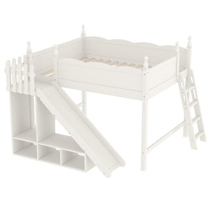 English Elm Queen Solid Pine Loft Bed with Wardrobe Shelves Detachable Slide and Dual Sleeping Zones Beige W5305S00028