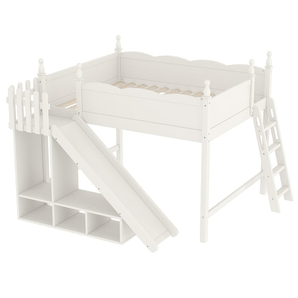 English Elm Queen Solid Pine Loft Bed with Wardrobe Shelves Detachable Slide and Dual Sleeping Zones Beige W5305S00028