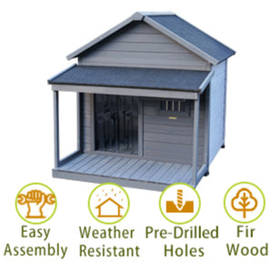 English Elm Large Breed Outdoor Doghouse Solid Fir Wood Covered Porch Weatherproof Asphalt Roof W1431S00011