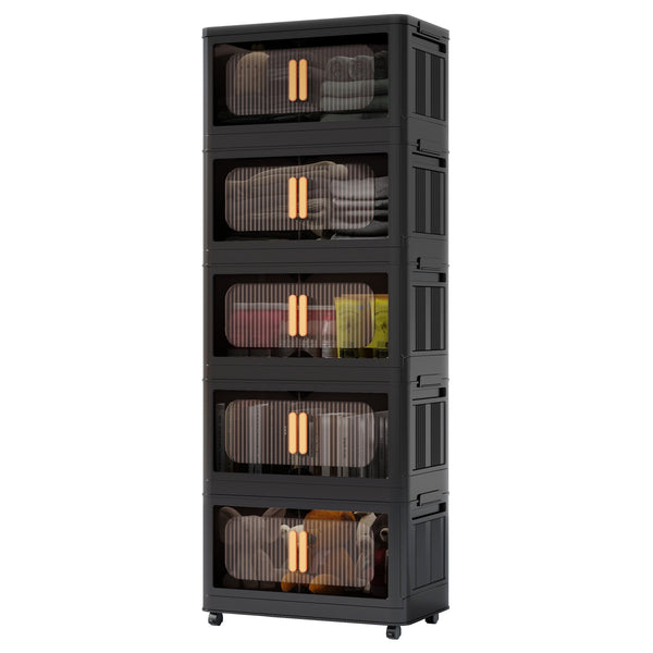 English Elm Black,20" Versatile 5-Tier Folding Storage Cabinet With Wheels, Magnetic Door For Easy Access & Organization W2873P239385