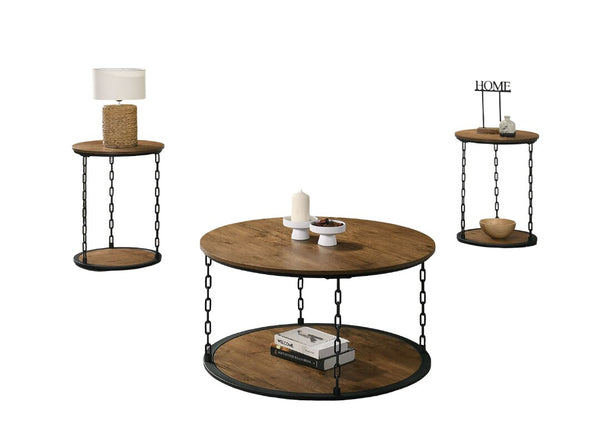 English Elm Natural Rustic 3pc Table Set with Chain Metal Accents, Two-Tier Storage Coffee & End Tables, Warm Wood Finish Natural 42 L x 37 W x 6 H B2741P392072