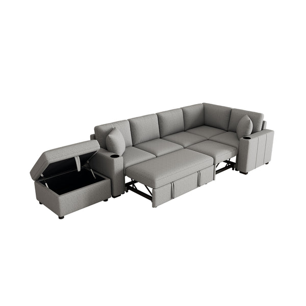 English Elm 84.7" Sectional Sofa Convertible Pull-Out Bed with Hidden Ottoman, USB Ports, Cup Holders, Chenille Comfort Gray N719S001930E