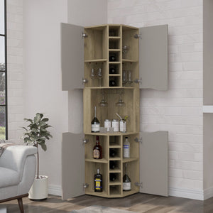 English Elm Obregon Corner Bar Cabinet with 10 Built-In Wine Slots, Cup Rack, Spacious Top Shelf, Multi Finish B070S00330