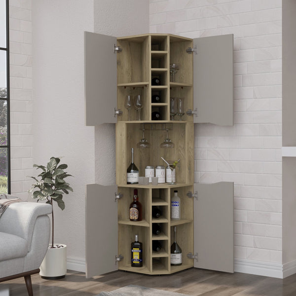 English Elm Obregon Corner Bar Cabinet with 10 Built-In Wine Slots, Cup Rack, Spacious Top Shelf, Multi Finish B070S00330