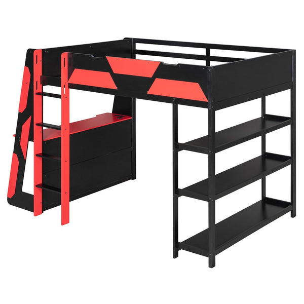 English Elm Full Size Gaming Loft Bed with Led Lighting Desk Shelves and Usb Charging Ports Black+Red N820S00076J