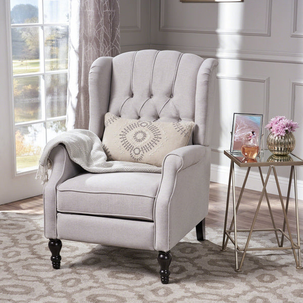 English Elm Christopher Knight Home® - Light Grey Tufted Fabric Arm Chair Recliner with Wingback Design, Button-Tufted Diamond Stitch Comfort and Pushback Recline, 28.5"W x 62"D Fully Reclined — Stylish Living Room Accent 56992.00LGY
